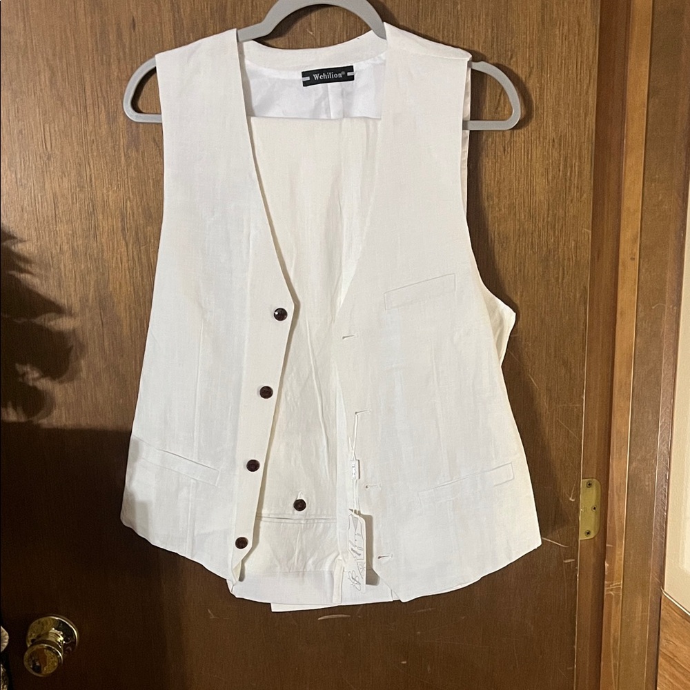 Wehilion Women’s Cream Linen-Blend 2-Piece Suit Set (Vest & Pants) Size M 40/34